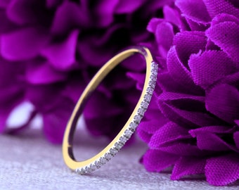 Stacking Rings Gold Diamond - Thin Dainty Stackable 10k Solid Gold Band for Women - Minimalist Full Eternity Band - Valentine's Gift
