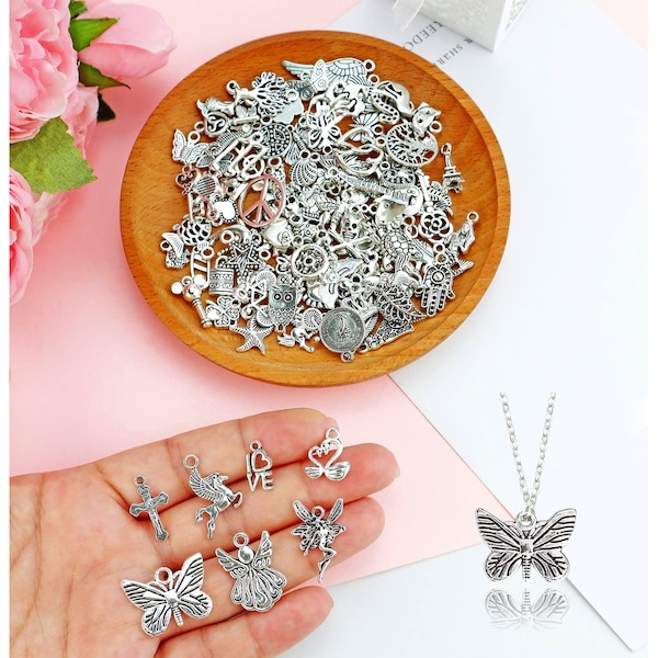 100 Pcs Charms for Jewelry Making, Bulk Assorted Antique Tibetan Style Charms for DIY Necklace and Bracelet Making.