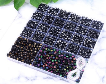 Black Alphabet Letter Beads for Bracelet Making. 2100 Pcs Bulk Beads. Name Inital Beads, Round White Black Colorful Word Beads.Name Beads