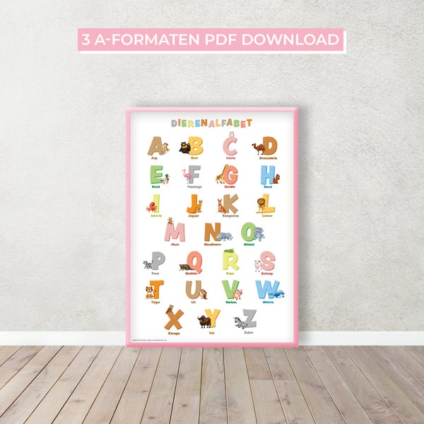 Dierenalfabet Nederlands (A4, A3, A2) printable + bonus kleurplaat