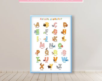 Alfabeto de animales en inglés (A4, A3, A2, carta estadounidense, tabloide) imprimible + página para colorear adicional
