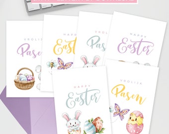 3 tarjetas de Pascua imprimibles A4 + carta estadounidense (inglés + holandés) | 3 tarjetas de Pascua imprimibles A4 y carta estadounidense (inglés + holandés)