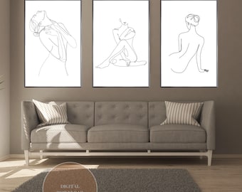 May include: Three black and white line drawings of a nude figure in different poses. The figures are all drawn in a simple, minimalist style. The drawings are framed and hung on a wall.