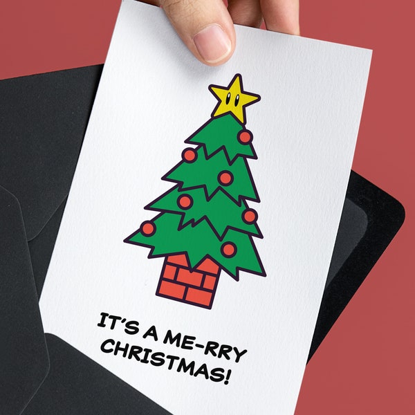 Super Mario Star Tree Printable Christmas Card |  Gamer Holiday Cards | Cute Gaming Greeting Cards