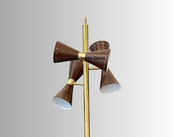 Lampada da terra Stilnovo a 3 luci di metà secolo, treppiede Diabolo in stile Sputnik con base in marmo.