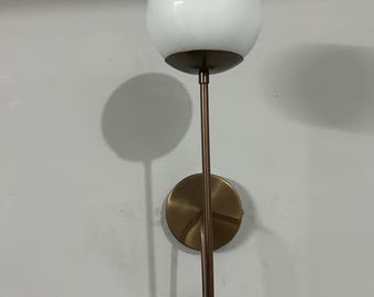 Mid Century Brass Bedside Wall Sconce with Opal Glass Globe