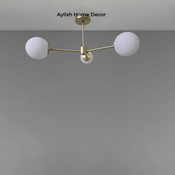 Mid-Century Italian Brass Chandelier: Opaline Glass Globes, 1950s Pendant Light