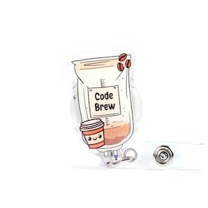 Code Brew Badge Reel, Funny IV Bag Coffee ID Clip for Nurses, Caffeine Lover Medical Badge Holder