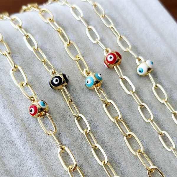 Gold Paperclip Chain Bracelet, Ball Evil Eye Charm Bracelet, Authentic Pandora Bracelet, Greek Evil Eye, Birthday Gift