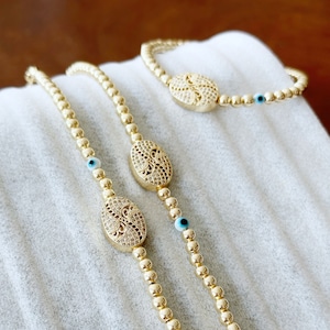 Evil Eye Chain Bracelet, 18K Gold Beaded Bracelet, Greek Charm Bracelet, Gift for Her, Gift for Mom Bracelet