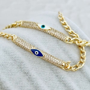 Blue Evil Eye Bracelet, Dainty Gold Chain Bracelet, Turkish Evil Eye Bracelet, Zircon Charm Bracelet, Gift for Her, Nazar Boncuk