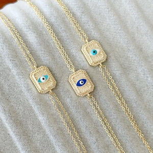 18k Gold Evil Eye Bracelet, Greek Evil Eye Chain Bracelet, Dainty Gold Bracelet Gift for Her, Blue Evil Eye, Patterned Charm Bracelet