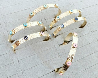 Gold Cuff Bracelet, Hammered Evil Eye Bangle Bracelet, Turkish Evil Eye Jewelry, Tarnish Free Bracelet