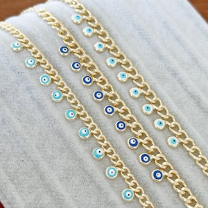 Greek Evil Eye Bracelet, 18K Gold Curby Chain Bracelet, Dangle Evil Eye Beads, Mother&#39;s Day Gift Bracelet, Women Gift Jewelry