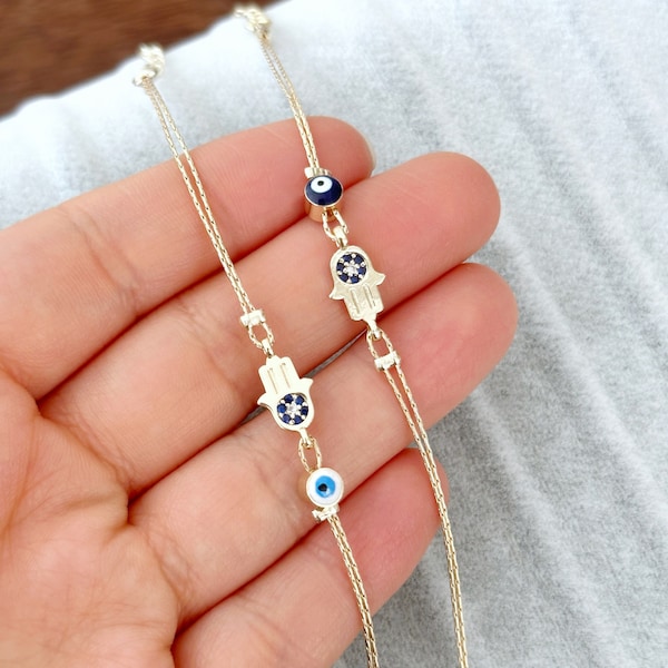 18K Gold Hamsa Bracelet, Greek Evil Eye Chain Bracelet, Minimal Hamsa Charm Bracelet, Bracelet Gift for Her, Hand of Fatima Bracelet