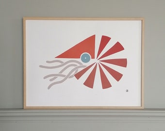Le Nautile terracotta mollusque coquille handmade affiche ou carte ou original à personnaliser