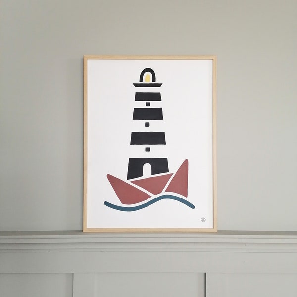 Le Phare breton peinture noir rayures fait main Original ou affiche a3 ou carte thème mer