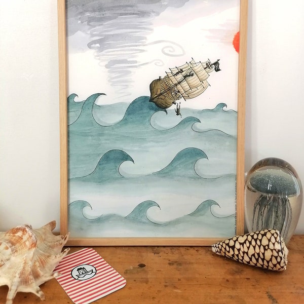 Poster A4 chambre enfant bébé aquarelle bateau de pirate Illustration Décoration murale thème marin