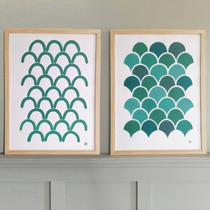 Les Ecailles de sirène ou poisson vert Motif acrylique géométrique Cartes ou affiches ou originaux fait main illustratrice bretonne