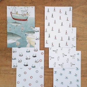 Lot 6 cartes postales aquarelle, La pêche, bateaux, goélands, phares, bouées, queues, Album Paul et Joséphine, A5 décoration chambre enfant