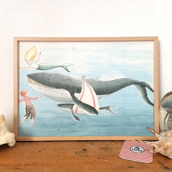 Peinture aquarelle illustration La baleine poster décoration chambre d'enfant ou bébé