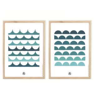 Les Vagues Motif acrylique géométrique bleu Cartes ou affiches ou originaux fait main illustratrice bretonne