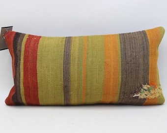 Turkish kilim pillow cover, Striped pillow cover, Sofa pillow, Lumbar pillow, Handmade wool pillow cover, 10x20 inches pillow cover 0601