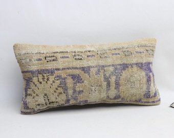 Bohemian rug pillow, Handmade wool pillow cover, Organic pillow cover, Turkish rug pillow, Sofa pillow, 10x20 inches pillow cover 0593