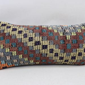 Handmade kilim pillow, Bohemian kilim pillow, Anatolian kilim pillow, Lumbar kilim pillow, Vintage pillow, 10x20 inches pillow cover 0183