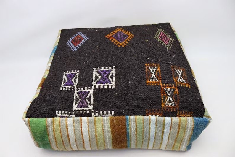 Ethnic kilim pouf, Garden pouf, Square pouffe, Floor cushion, Kilim beanbag, Home decor pouf, 24x24 inch and 8 height pouf pillow cover 0019 image 1