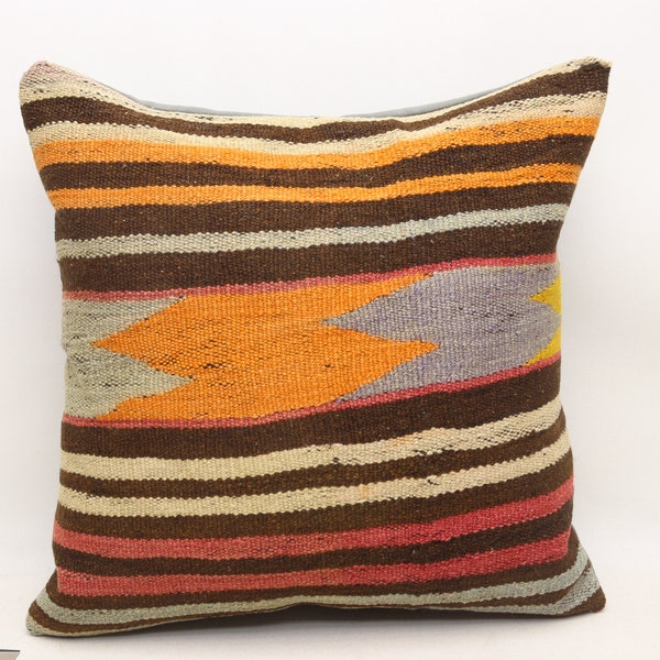 Organic wool kilim pillow cover, Striped kilim pillow, Throw pillow, Decorative pillow, Bohemian sofa pillow, 20x20 inches pillow cover 0437