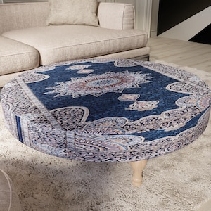 Turkish rug pattern coffe table, Modern furniture, Wooden bable, Industrial style, Handmade furniture, Ottoman round bench, Blue decor,