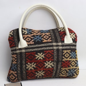 Handgefertigte Tasche, Wolle und Leder anatolische Kelim Tasche, Boho Tasche, Vintage Kelim Tasche, Handtasche, Modetasche, Trend Taschen, 10x14 Zoll, 0071