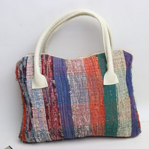 Handgemachte Tasche, Wolle und Leder anatolische Kelim Tasche, 10x14 "Boho Tasche, Vintage Kelim Tasche, Handtasche, Modetasche, Trend Taschen, 0099