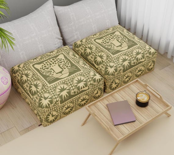 Digital Printed Pouf Cover, Leather Pouf, Handmade Pouf, Moroccan