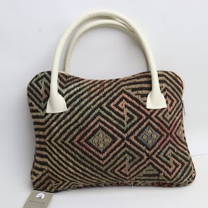 Seltene Kelim Tasche, Handgefertigte Tasche, Designer Kelim Tasche aus Wolle und Leder, Boho Tasche, Einzigartige Tasche, Azteken Tasche, 0109