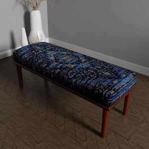Blue turkish rug ottoman bench, Kilim inspired upholstery, Handmade boho entryway furniture, Oriental bench seat, Blue oriental rug bench,