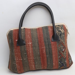 Ethno Kelim Tasche, Boho Tasche, Handgemachte Tasche, Wolle und Leder Tasche, 10x14" Tasche, Einzigartige Tasche, Handtasche, Modetasche, Trend Taschen, 0095