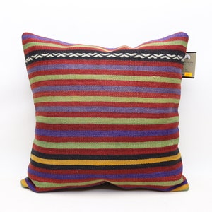 Handmade kilim decorative pillow, Ethnic kilim pillow, Turkish pillow, Striped kilim pillow, Bohemian pillow, 20x20 inches pillow cover 0209