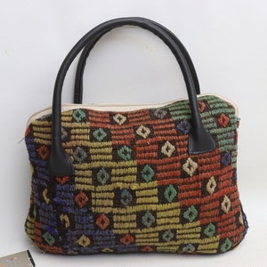 Handgemachte Tasche, Wolle und Leder anatolische Kelim Tasche, Boho Tasche, 25x35 cm, Einzigartige Tasche, Handtasche, Modetasche, Trend Taschen, 0115