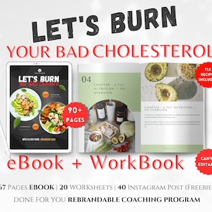Może przedstawiać: Cyfrowy ebook i zeszyt ćwiczeń zatytułowany "Let's Burn Your Bad Cholesterol" z ponad 90 stronami. Okładka ebooka przedstawia kolorową sałatkę z awokado, pomidorem i ogórkiem. Okładka zeszytu ćwiczeń przedstawia zielone awokado i szklany słoik z nasionami. Tekst "TLC Recipes Included" znajduje się w czerwonym kółku. Tekst "Canva Editable" znajduje się w czerwonym kółku. Tekst "67 Pages Ebook | 20 Worksheets | 40 Instagram Post (Freebies) Done For You Rebrandable Coaching Program" znajduje się na dole obrazu.