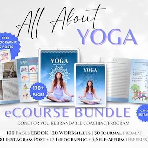 Könnte beinhalten: Ein digitales Produktpaket für Yogalehrer, bestehend aus einem E-Book, Arbeitsblättern, Tagebuch-Aufforderungen, Instagram-Posts und Infografiken. Das Paket ist umbrandbar und umfasst über 170 Seiten Inhalt. Das Bild zeigt ein Tablet, auf dem das E-Book-Cover, ein Tagebuch und eine Grafik mit dem Text "All About Yoga" zu sehen sind.