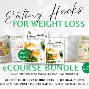 May include: A digital product bundle for weight loss, featuring an ebook, worksheets, journal prompts, Instagram posts, infographics, and self-affirmations. The bundle includes 142+ pages of content and is rebrandable for coaches.