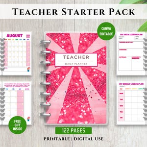 Puede incluir: Un Teacher Starter Pack con un calendario sin fecha, planes de lecciones diarios y semanales, y una agenda diaria. La portada de la agenda es rosa con un diseño de rayos de sol brillante. El paquete incluye 122 páginas y es editable en Canva.