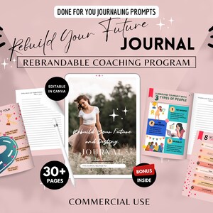 May include: A pink and white digital journal with the text "Rebuild Your Future Journal" and "Rebrandable Coaching Program". The journal has 30+ pages and includes a bonus inside. The journal is editable in Canva and is for commercial use.