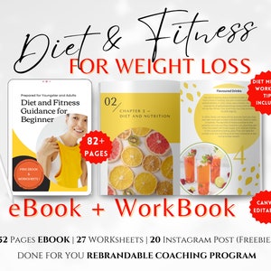 May include: A digital product mockup for a diet and fitness ebook and workbook. The cover of the ebook features a woman in a yellow tank top and the text "Diet and Fitness Guidance for Beginner". The cover of the workbook features a colorful image of citrus fruits and the text "Chapter 2 - Diet and Nutrition". The text "eBook + Workbook" is displayed in large, bold letters below the mockups. The text "52 Pages eBook | 27 Worksheets | 20 Instagram Post (Freebies) Done for You Rebrandable Coaching Program" is displayed below the text "eBook + Workbook".