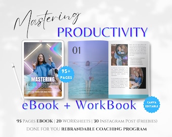 May include: A digital product mockup featuring an ebook and workbook titled "Mastering Productivity". The ebook cover features a woman in a blue shirt with a neon pink background. The workbook cover features a woman in a blue shirt with a beach background. The text "95+ Pages Ebook | 20 Worksheets | 30 Instagram Post (Freebies) Done for You Rebrandable Coaching Program" is displayed below the mockups.