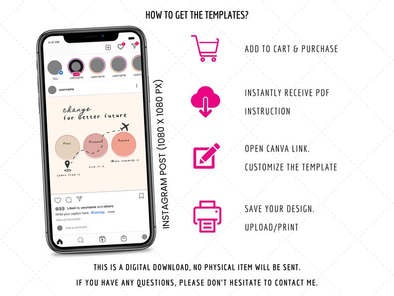 Puede incluir: Una descarga digital de una plantilla de publicaci&oacute;n de Instagram con el texto "change for better future" y un gr&aacute;fico de tres c&iacute;rculos conectados por una l&iacute;nea. La plantilla tiene 1080 p&iacute;xeles por 1080 p&iacute;xeles. Se incluyen instrucciones sobre c&oacute;mo comprar y personalizar la plantilla.