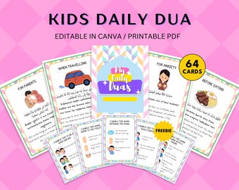 Kids Dua Cards | Islamic Prayer Flashcards for Children's Learning | Printable Daily Duas in Arabic & English | Editable in Canva PDF