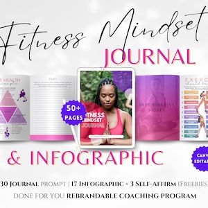 May include: A pink and purple digital journal and infographic with the text "Fitness Mindset Journal" and "& INFOGRAPHIC". The journal has 50+ pages and includes 30 journal prompts, 17 infographics, and 3 self-affirmations. The journal is designed to help people improve their fitness mindset.